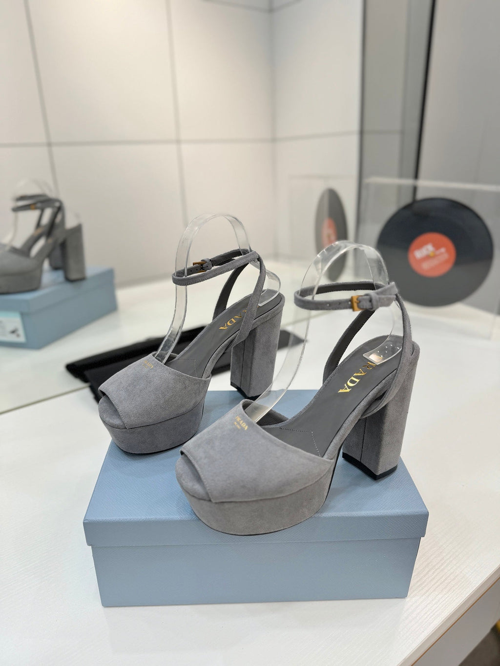 PRADA 26S HEELED SANDALS 115MM IN GRAY SUEDE