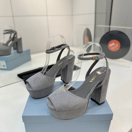 PRADA 26S HEELED SANDALS 115MM IN GRAY SUEDE