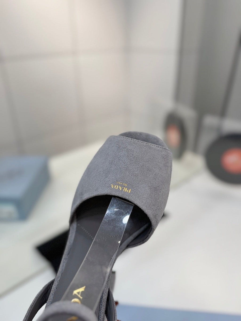PRADA 26S HEELED SANDALS 115MM IN GRAY SUEDE