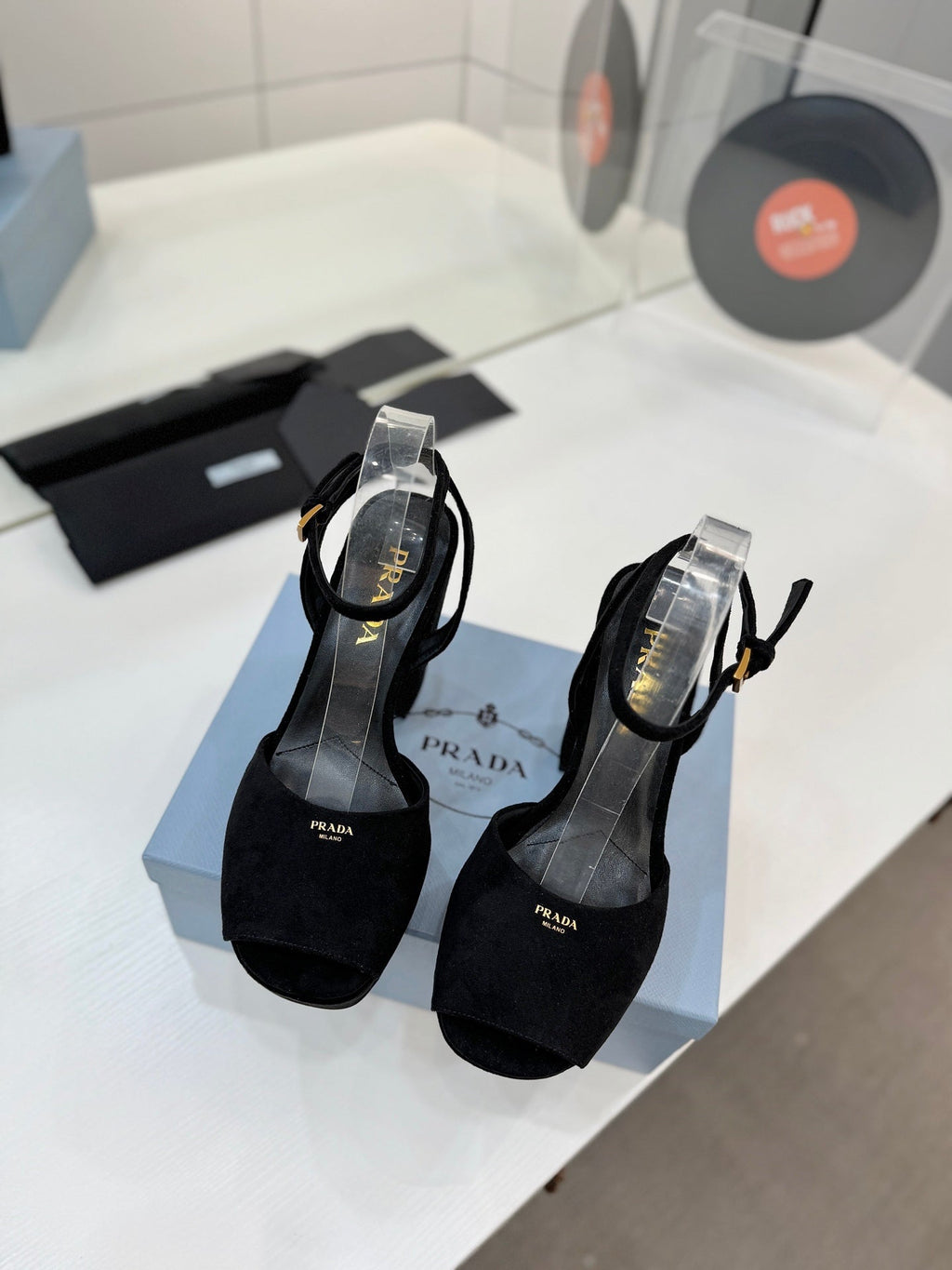 PRADA 26S HEELED SANDALS 115MM IN BLACK SUEDE
