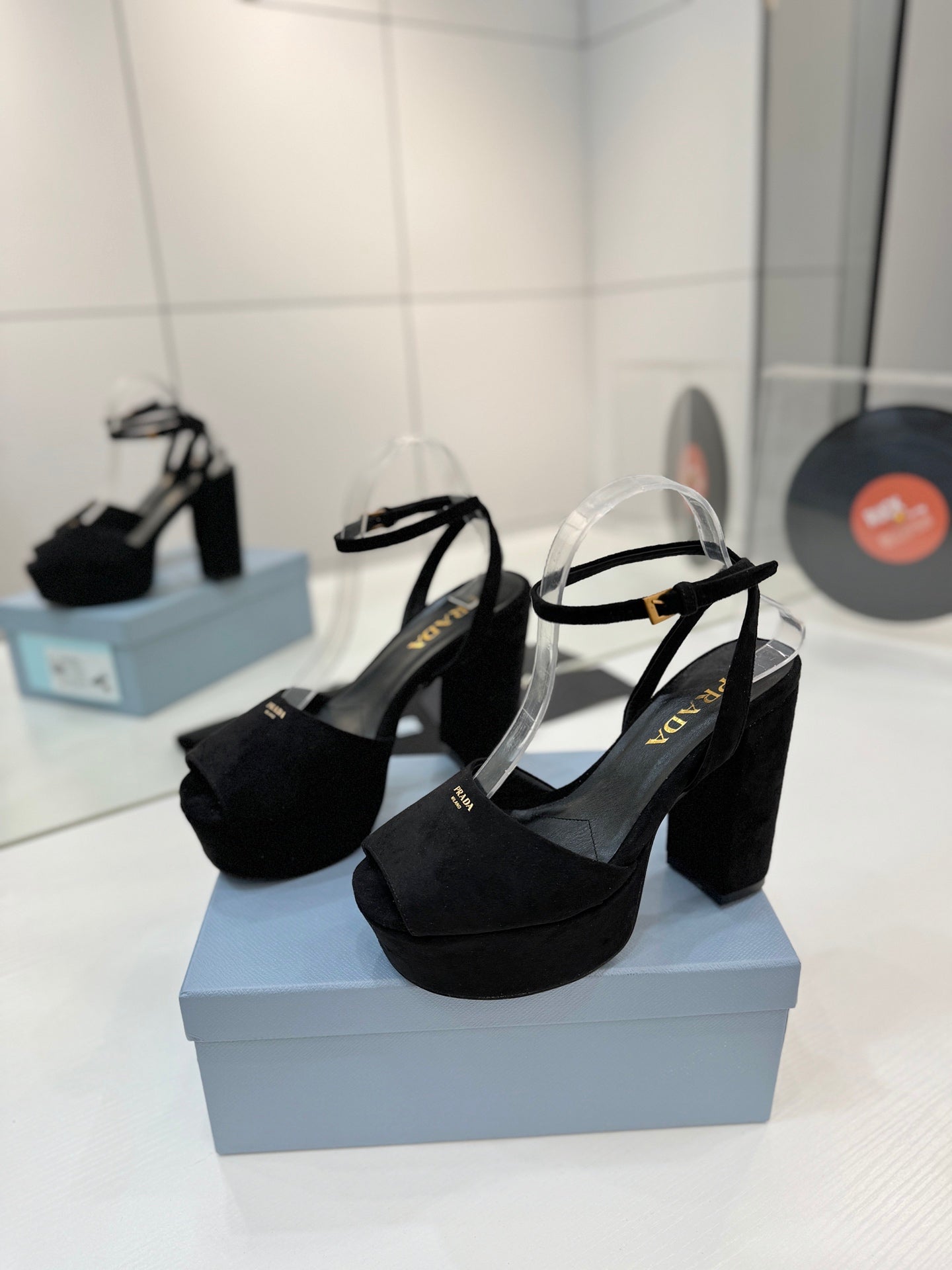 PRADA 26S HEELED SANDALS 115MM IN BLACK SUEDE