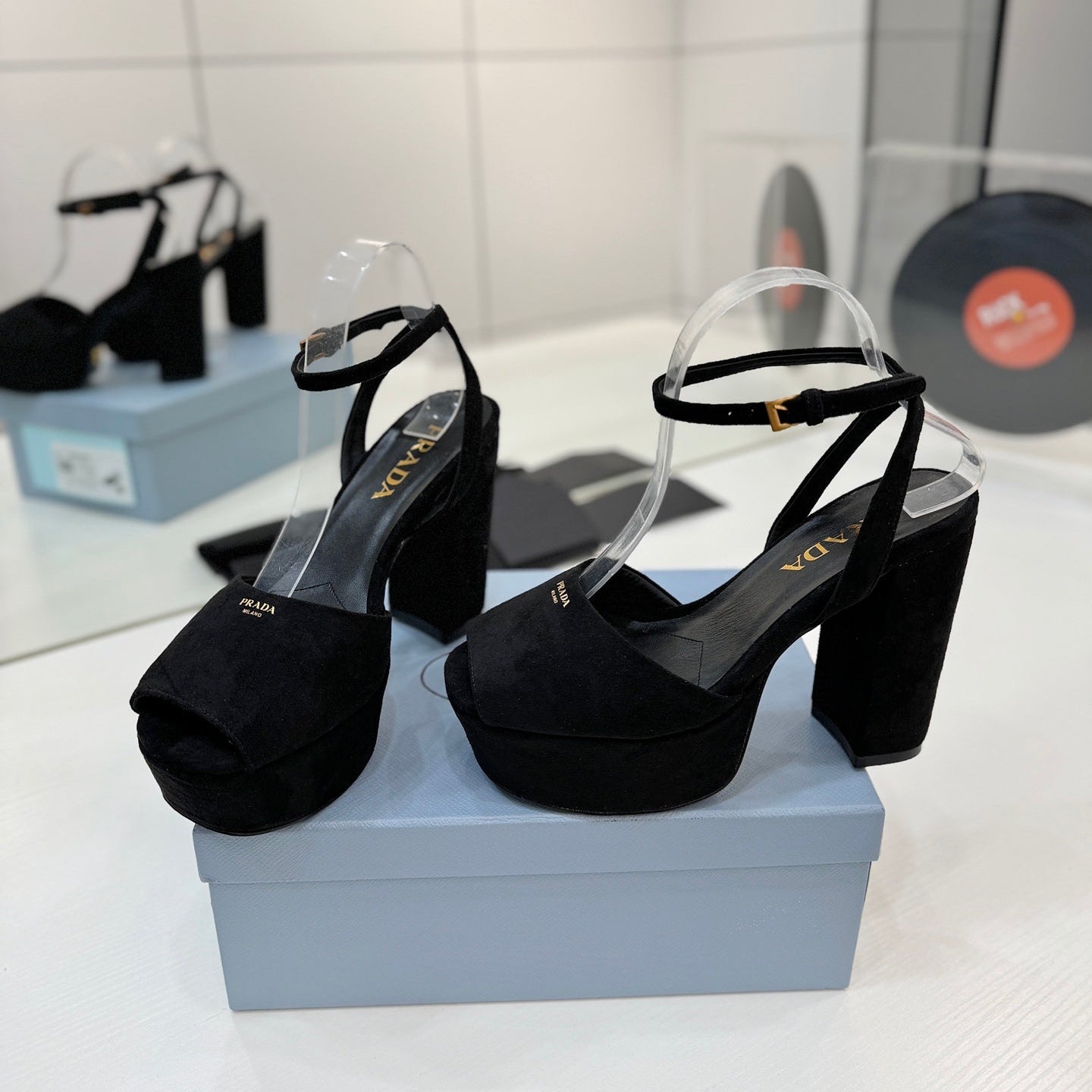 PRADA 26S HEELED SANDALS 115MM IN BLACK SUEDE