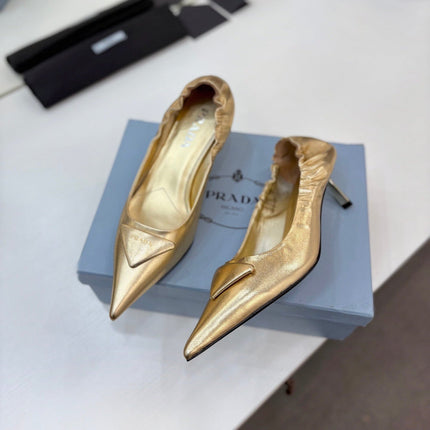 PRADA 26S PUMPS 55MM IN GOLD CALFSKIN WITH LOGO