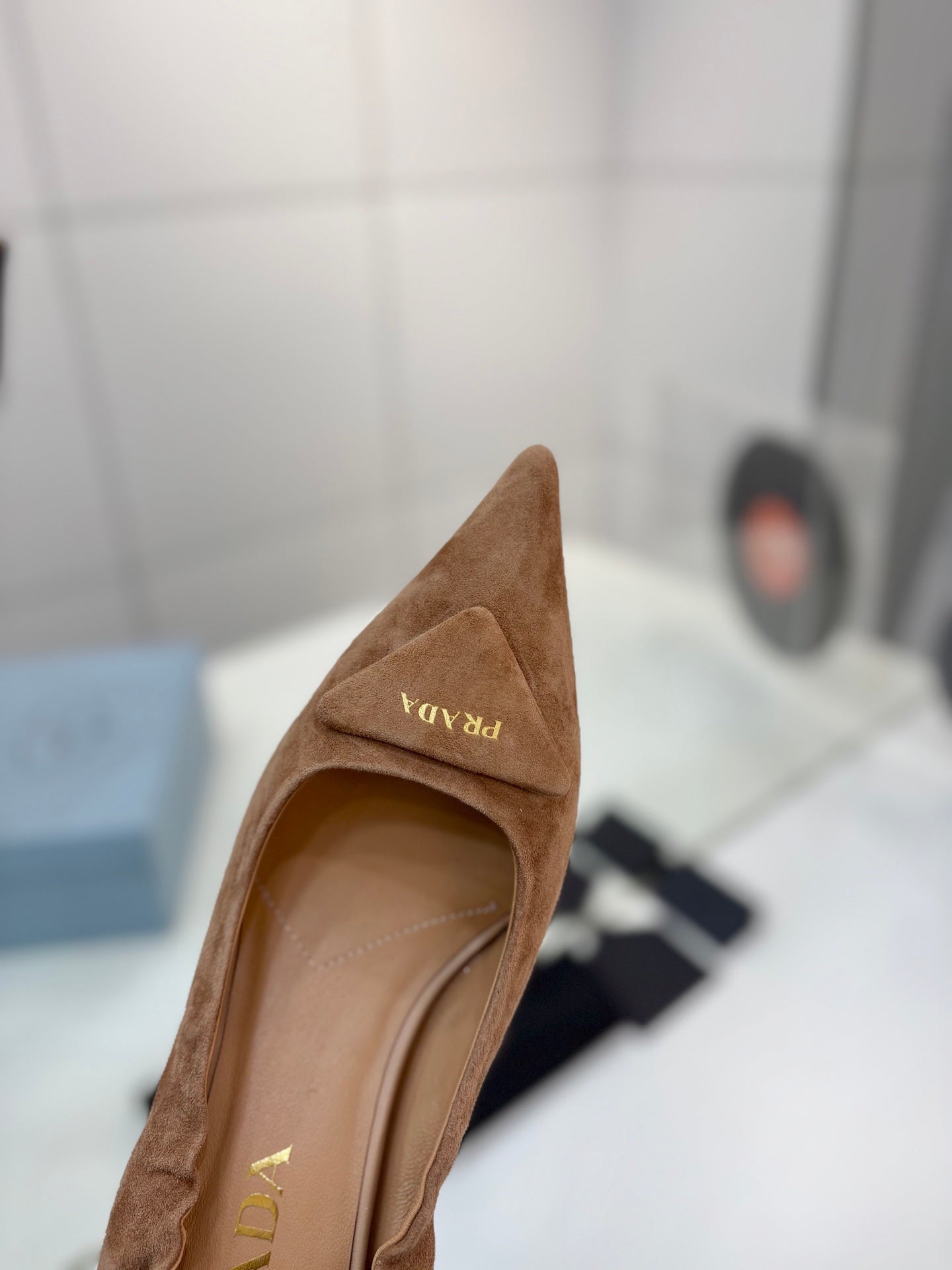PRADA 26S PUMPS 55MM IN CARAMEL BROWN SUEDE WITH LOGO