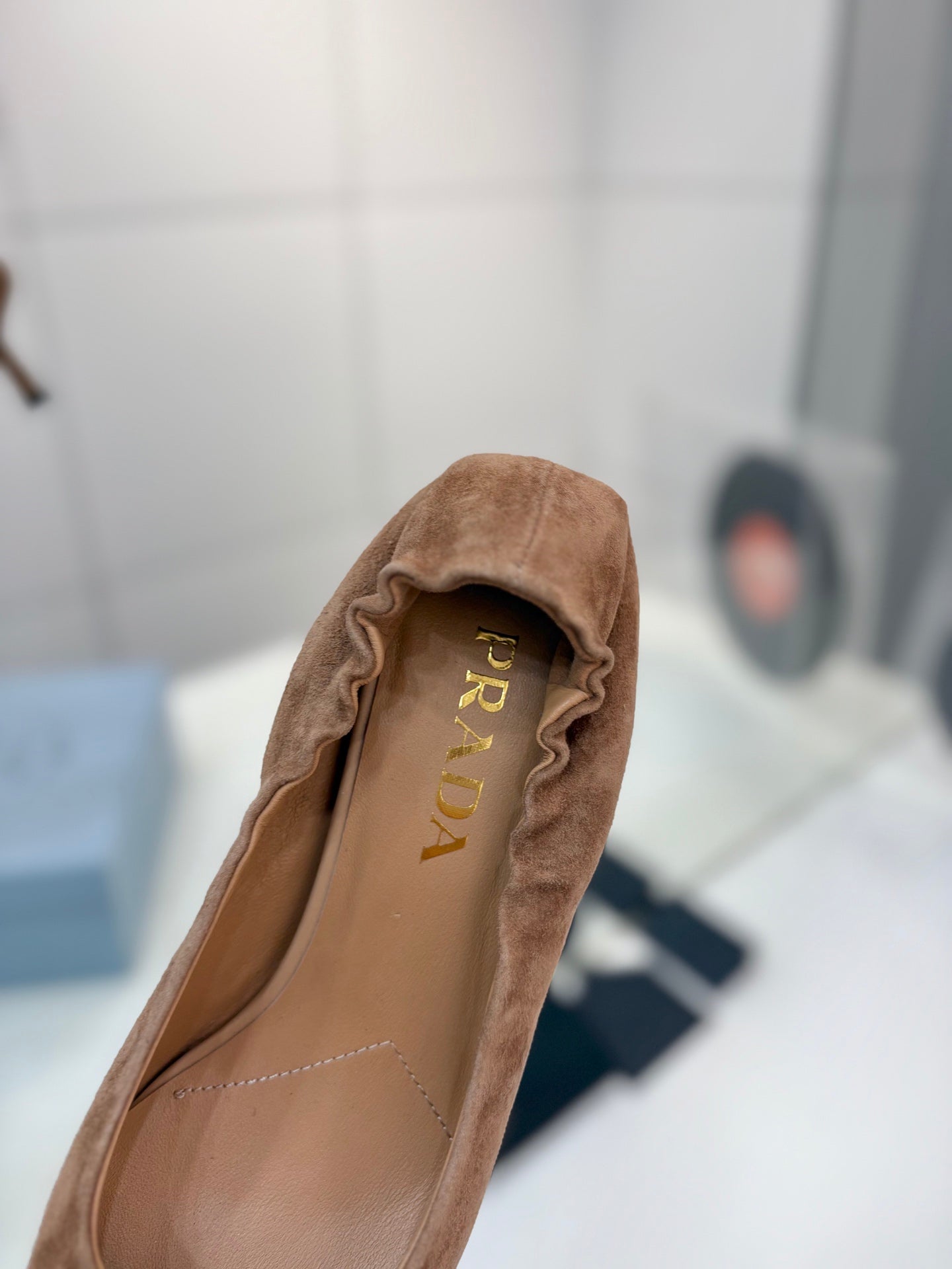 PRADA 26S PUMPS 55MM IN CARAMEL BROWN SUEDE WITH LOGO