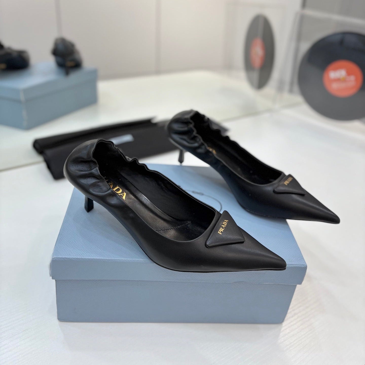 PRADA 26S PUMPS 55MM IN BLACK CALFSKIN WITH LOGO