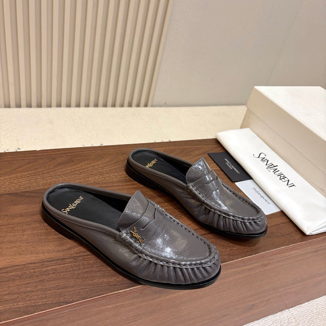 YSL 26S LOAFER MULES IN DARK GREY GLOSSY CALFSKIN