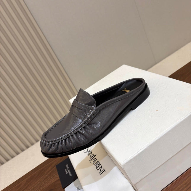 YSL 26S LOAFER MULES IN DARK GREY GLOSSY CALFSKIN