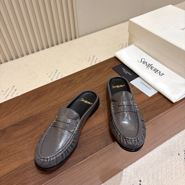 YSL 26S LOAFER MULES IN DARK GREY GLOSSY CALFSKIN