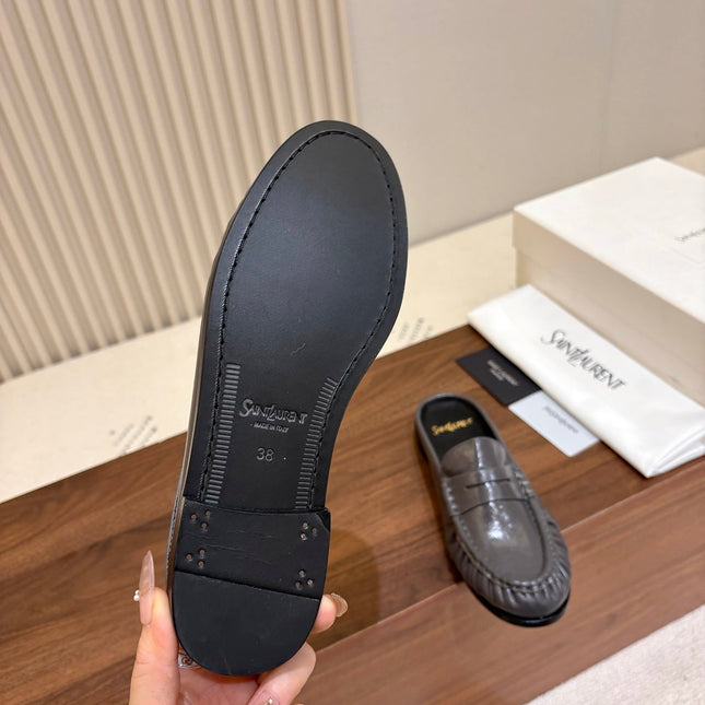 YSL 26S LOAFER MULES IN DARK GREY GLOSSY CALFSKIN