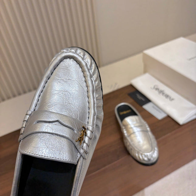 YSL 26S LOAFER MULES IN SILVER CALFSKIN