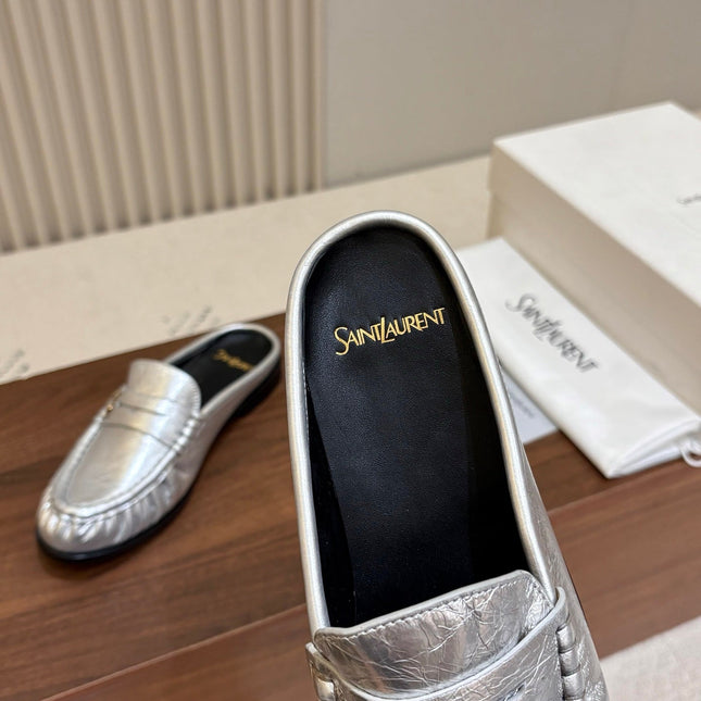 YSL 26S LOAFER MULES IN SILVER CALFSKIN