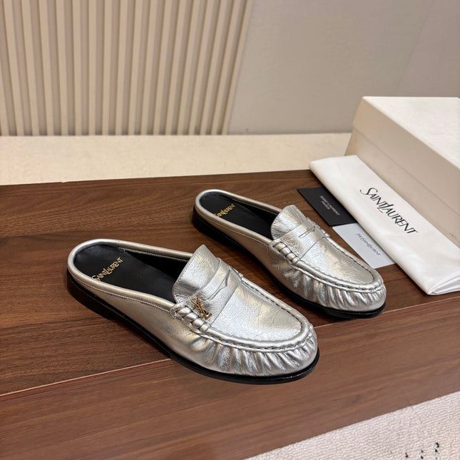YSL 26S LOAFER MULES IN SILVER CALFSKIN