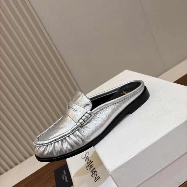 YSL 26S LOAFER MULES IN SILVER CALFSKIN