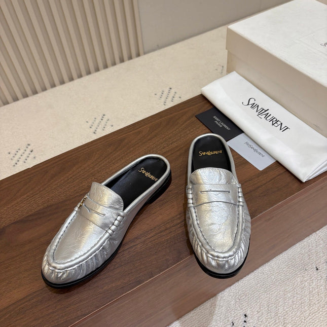 YSL 26S LOAFER MULES IN SILVER CALFSKIN
