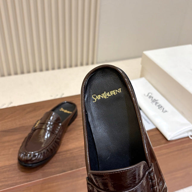 YSL 26S LOAFER MULES IN DARK BROWN GLOSSY CALFSKIN