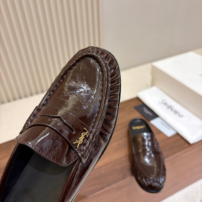 YSL 26S LOAFER MULES IN DARK BROWN GLOSSY CALFSKIN