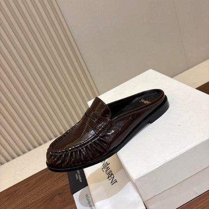 YSL 26S LOAFER MULES IN DARK BROWN GLOSSY CALFSKIN