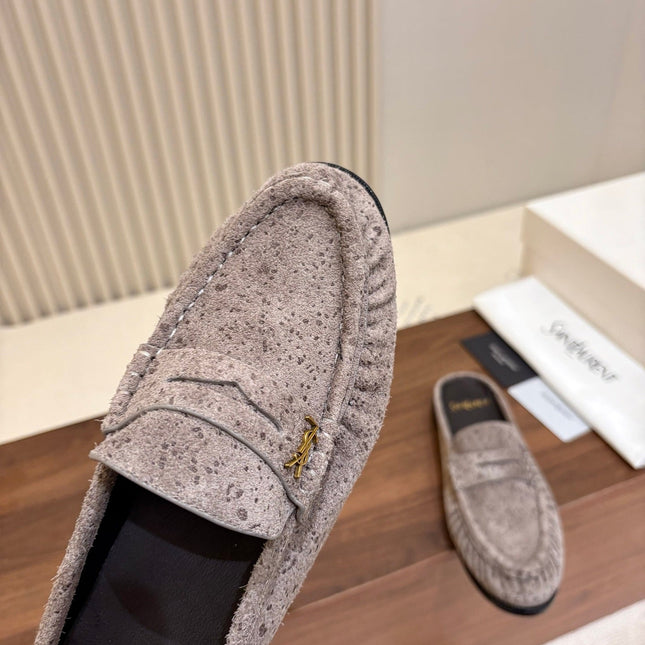 YSL 26S LOAFER MULES IN GREYISH BROWN SUEDE