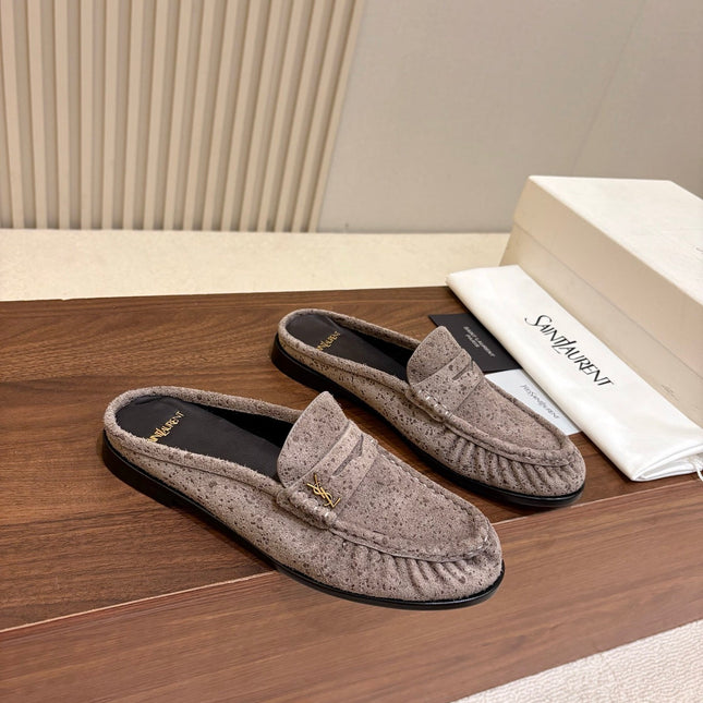 YSL 26S LOAFER MULES IN GREYISH BROWN SUEDE