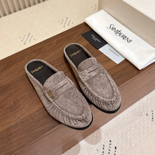 YSL 26S LOAFER MULES IN GREYISH BROWN SUEDE