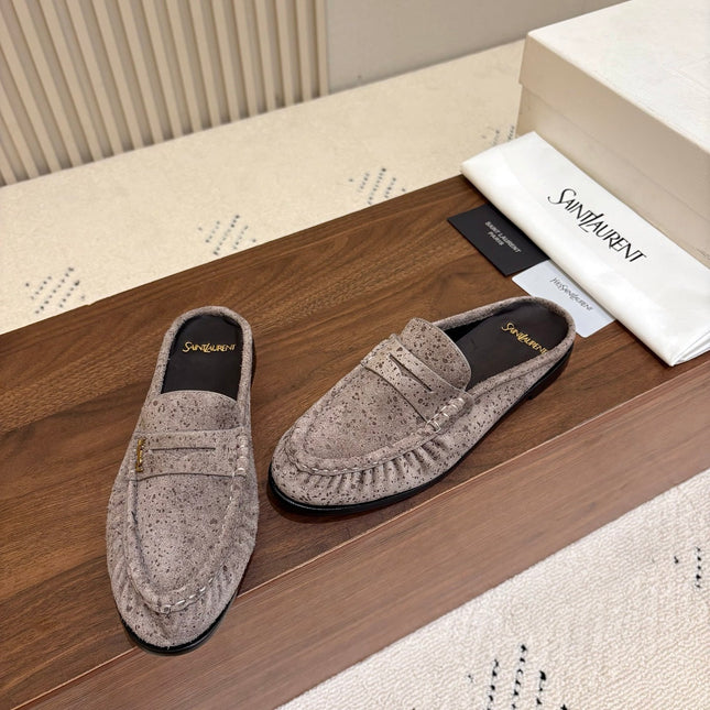 YSL 26S LOAFER MULES IN GREYISH BROWN SUEDE