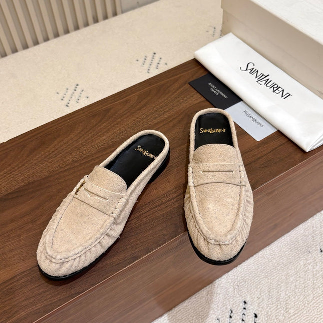 YSL 26S LOAFER MULES IN BEIGE SUEDE