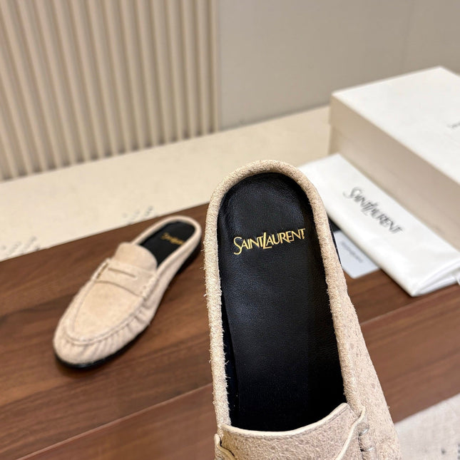 YSL 26S LOAFER MULES IN BEIGE SUEDE