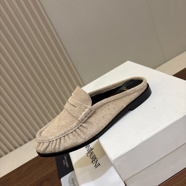 YSL 26S LOAFER MULES IN BEIGE SUEDE