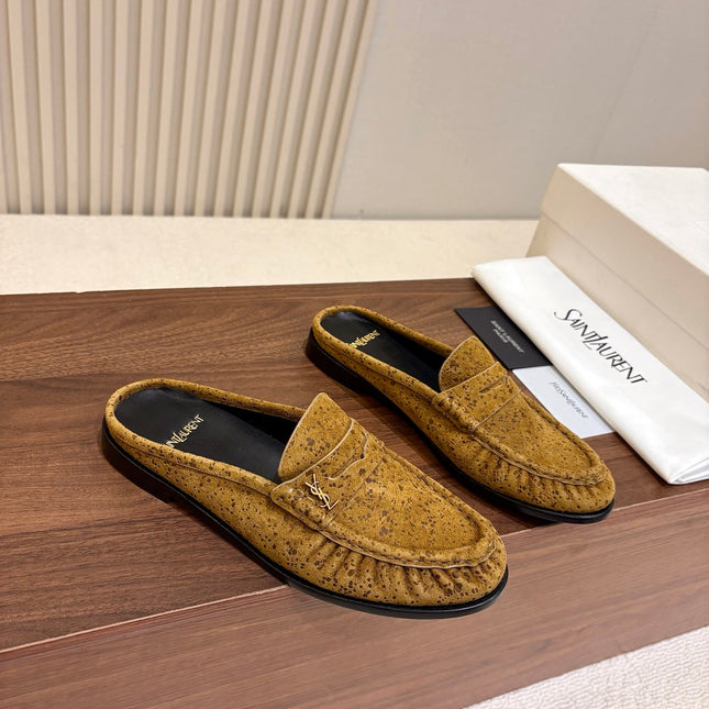 YSL 26S LOAFER MULES IN MUSTARD YELLOW SUEDE