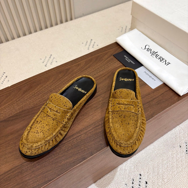 YSL 26S LOAFER MULES IN MUSTARD YELLOW SUEDE