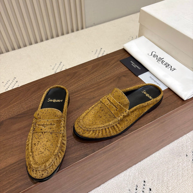 YSL 26S LOAFER MULES IN MUSTARD YELLOW SUEDE