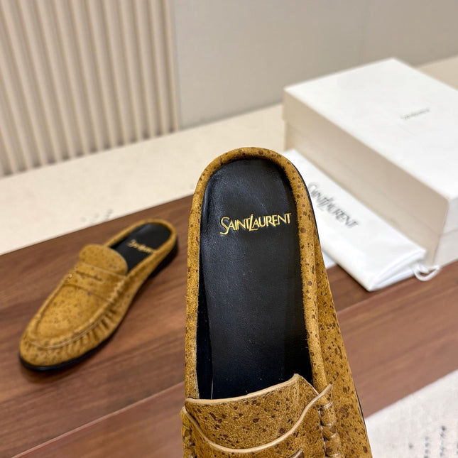 YSL 26S LOAFER MULES IN MUSTARD YELLOW SUEDE