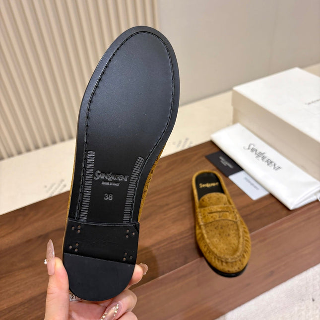 YSL 26S LOAFER MULES IN MUSTARD YELLOW SUEDE