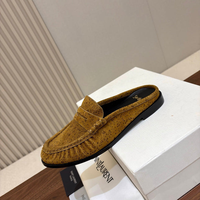 YSL 26S LOAFER MULES IN MUSTARD YELLOW SUEDE