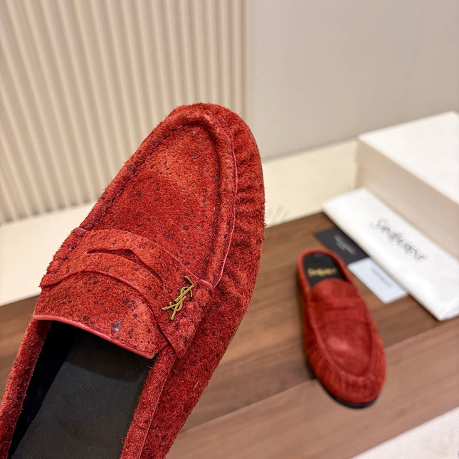 YSL 26S LOAFER MULES IN BRICK RED SUEDE