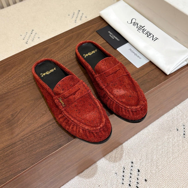 YSL 26S LOAFER MULES IN BRICK RED SUEDE