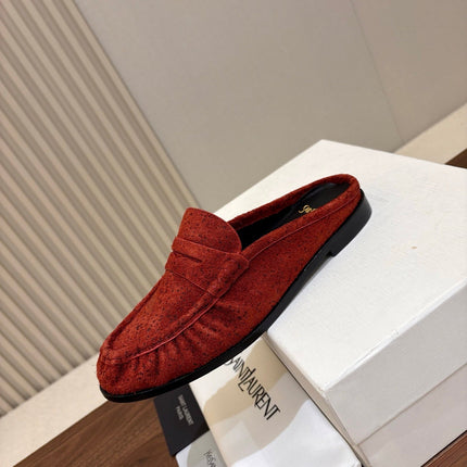 YSL 26S LOAFER MULES IN BRICK RED SUEDE