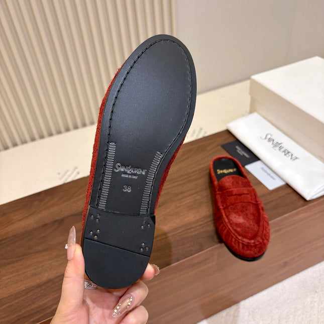 YSL 26S LOAFER MULES IN BRICK RED SUEDE
