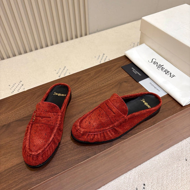 YSL 26S LOAFER MULES IN BRICK RED SUEDE