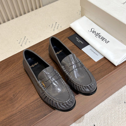 YSL 26S LOAFERS IN DARK GREY GLOSSY CALFSKIN