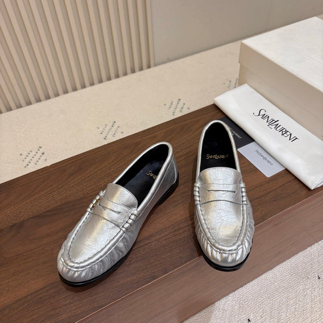 YSL 26S LOAFERS IN SILVER LAMBSKIN