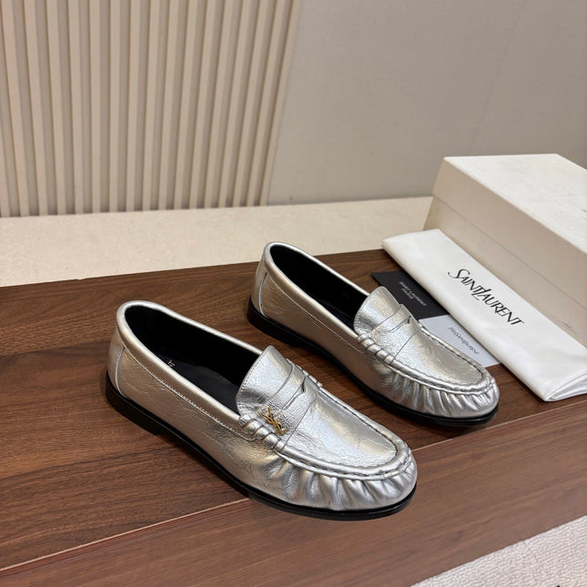YSL 26S LOAFERS IN SILVER LAMBSKIN
