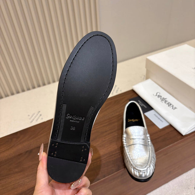 YSL 26S LOAFERS IN SILVER LAMBSKIN