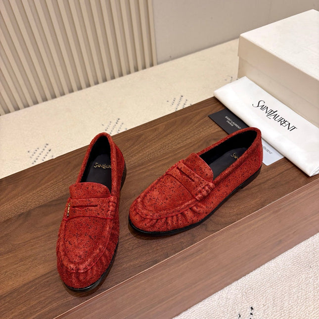 YSL 26S LOAFERS IN BRICK RED SUEDE