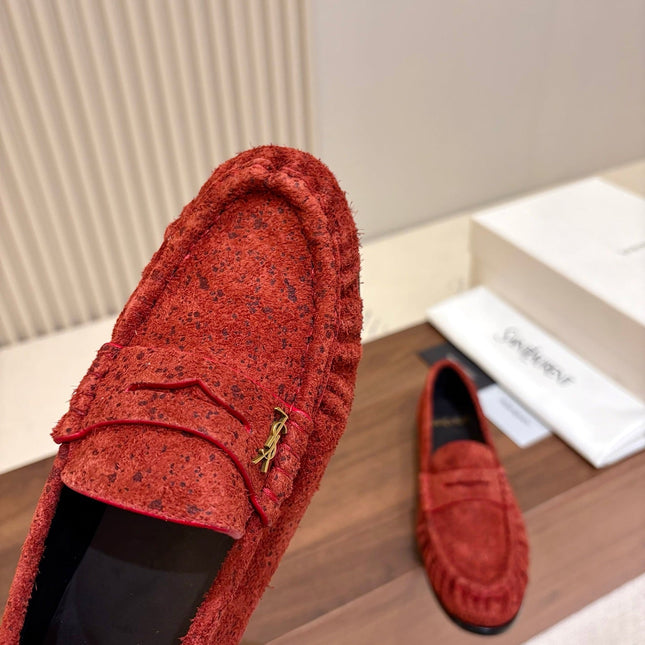 YSL 26S LOAFERS IN BRICK RED SUEDE