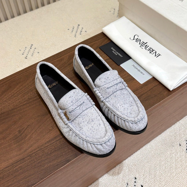 YSL 26S LOAFERS IN ICE GREY SUEDE