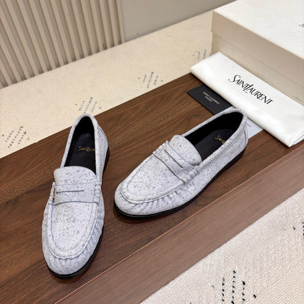 YSL 26S LOAFERS IN ICE GREY SUEDE