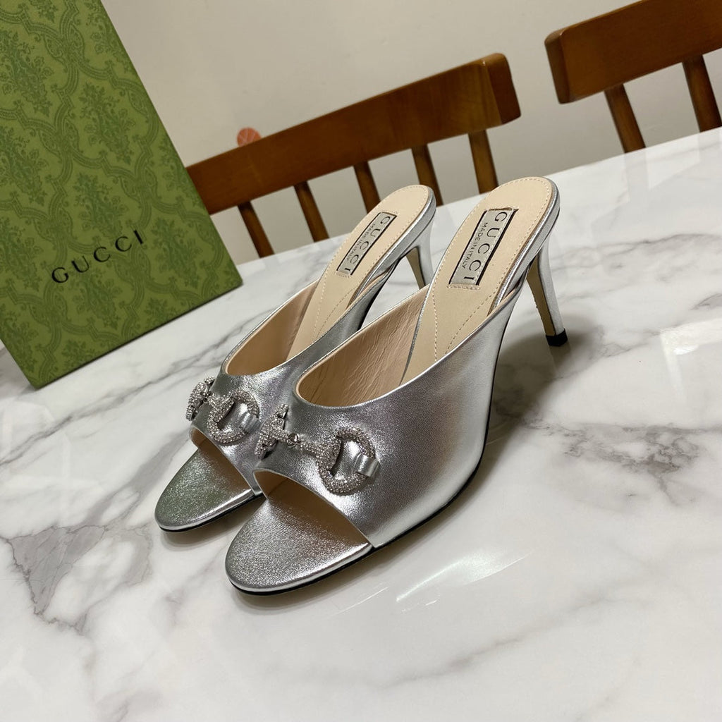 GUCCI 26S HORSEBIT HIGH-HEELED SANDALS 80 MM IN SILVER CALFSKIN