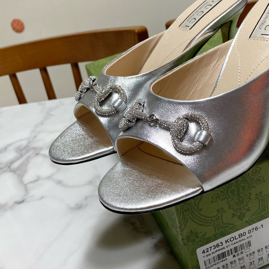 GUCCI 26S HORSEBIT HIGH-HEELED SANDALS 80 MM IN SILVER CALFSKIN